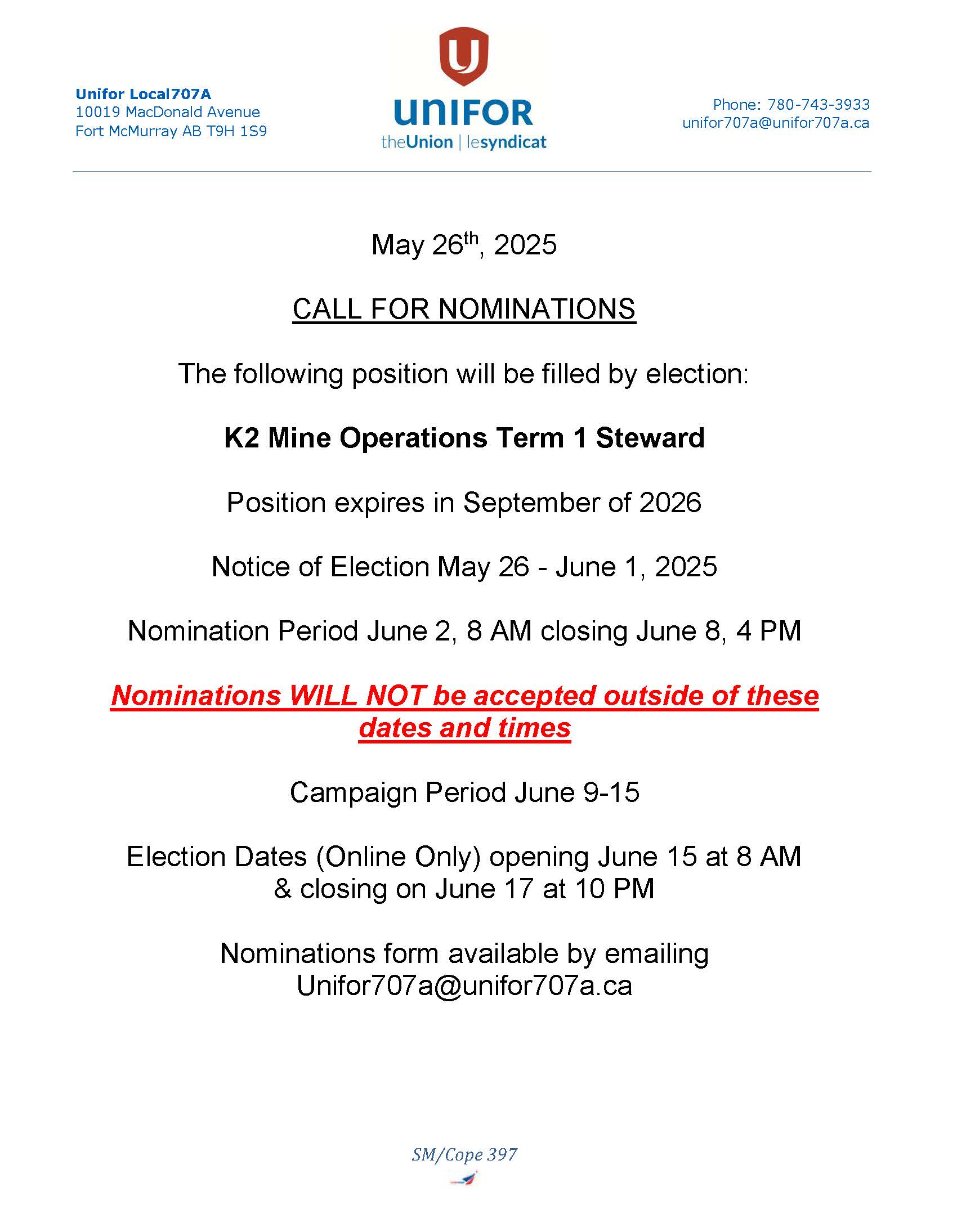 Notice of By-election for K2 shift.