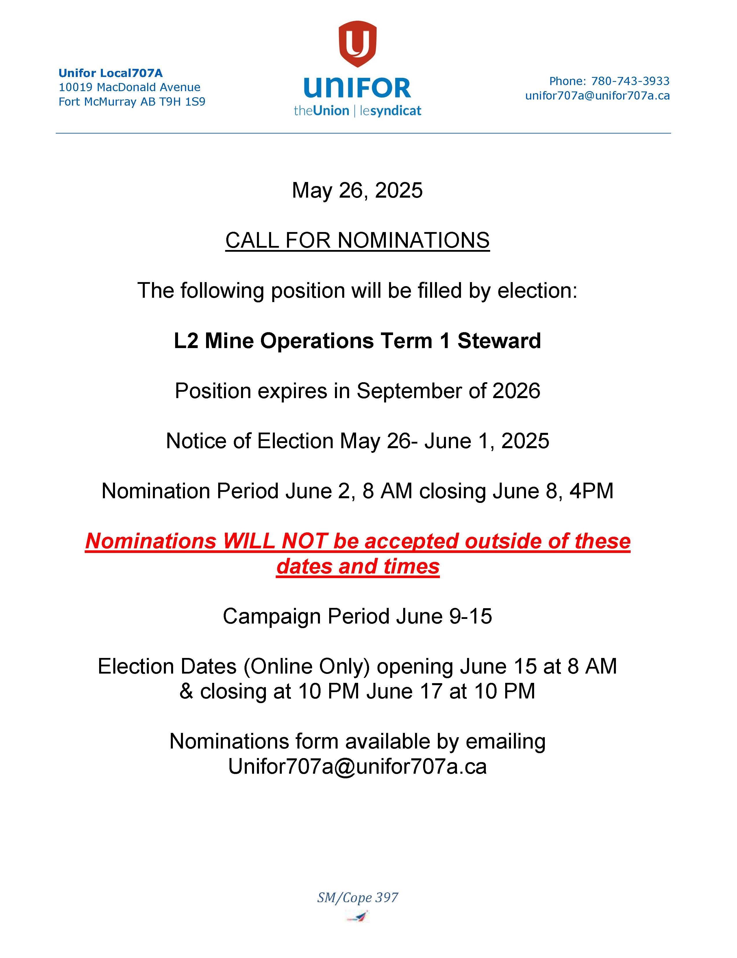 Information regarding an upcoming By-Election for Mine Ops