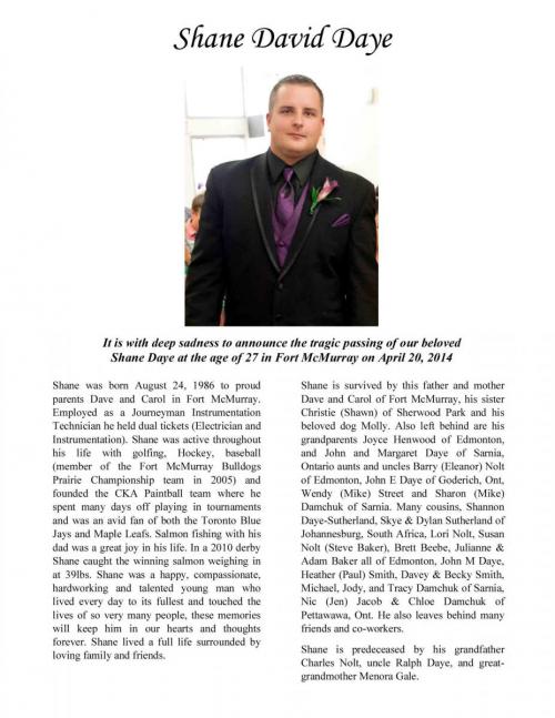 Shane David Daye Obituary